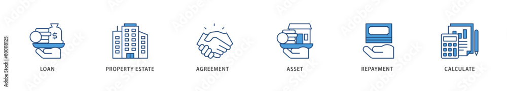 Mortgage icons set collection illustration of loan, property estate, agreement, asset, repayment and calculate icon live stroke and easy to edit Mortgage icons set collection illustration of loan, property estate, agreement, asset, repayment and calculate icon live stroke and easy to edit