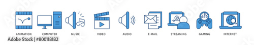 Multimedia icons set collection illustration of e mail, video, audio, internet, streaming, gaming, music, computer, animation icon live stroke and easy to edit 