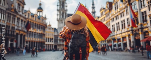 Woman tourist holds in her hand a flag of Belgium against the background of the Grand-Place Square in Brussels, Belgium