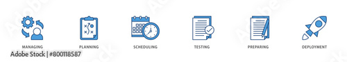 Release management icons set collection illustration of managing, planning, scheduling, building, testing, preparing and deployment icon live stroke and easy to edit 