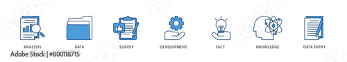 Research icons set collection illustration of analysis, data, survey, development, fact, knowledge and data entry icon live stroke and easy to edit 