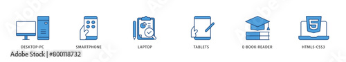 Responsive web design icons set collection illustration of tablets, html5 css3, e book reader, laptop, smart phone, desktop pc icon live stroke and easy to edit 