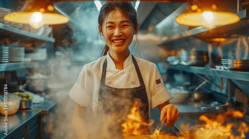 Happy asian female chef has fun while preparing food in frying pan at restaurant kitchen.