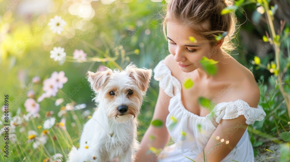 Woman and adorable dog enjoying a peaceful walk surrounded by nature in the serene forest Woman and adorable dog enjoying a peaceful walk surrounded by nature in the serene forest
