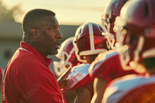 High school football coach delivering a passionate speech, motivating his team and instilling leadership qualities photo