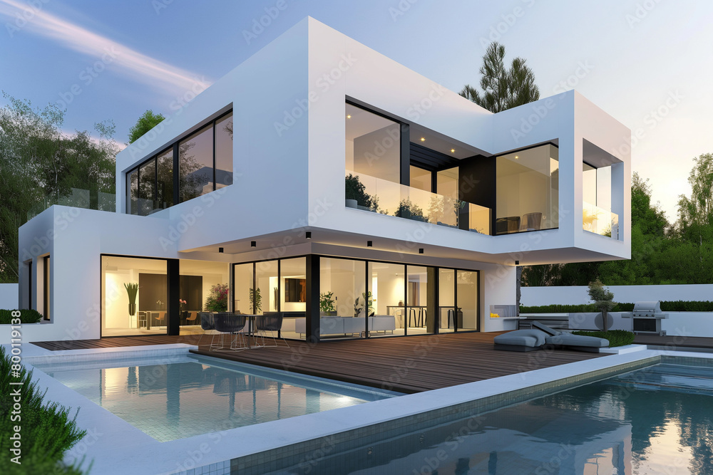 Modern house with pool and garden, simple design of twostory white modern home with black accents