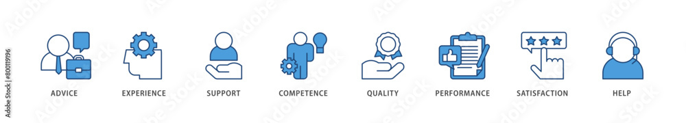 Service icons set collection illustration of advice, experience, support, competence, quality, performance, satisfaction, help, and call center icon live stroke and easy to edit Service icons set collection illustration of advice, experience, support, competence, quality, performance, satisfaction, help, and call center icon live stroke and easy to edit