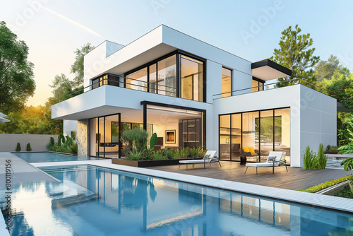 Modern house with pool and garden  simple design of twostory white modern home with black accents