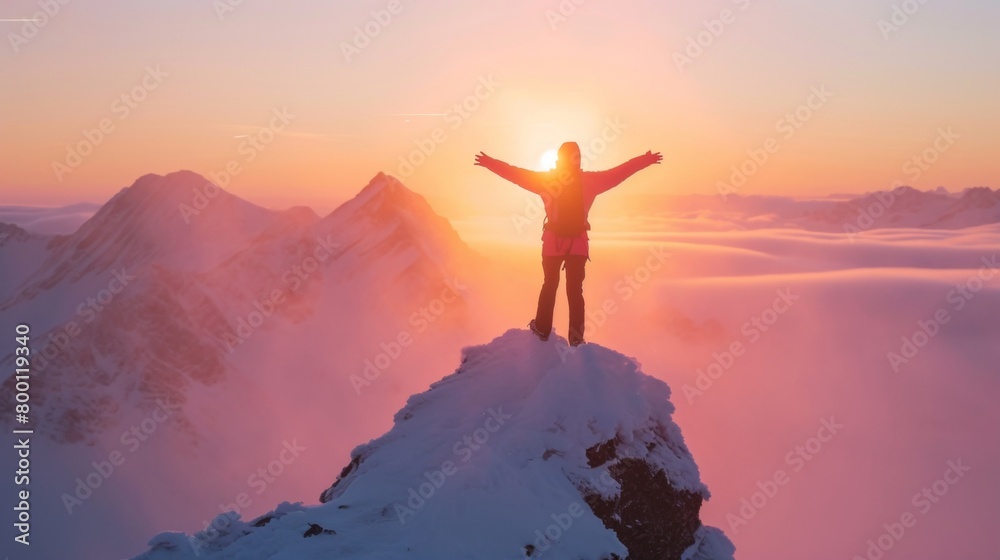 Hiker standing on tip of mountain top in winter in rugged lands with snow and majestic view.