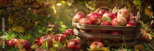 A warm, inviting image of a basket brimming with fresh apples, bathed in gentle sunlight among autumn leaves
