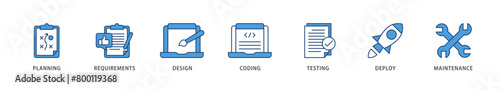 Software development icons set collection illustration of planning, requirements, design, coding, testing, deploy and maintenance icon live stroke and easy to edit 