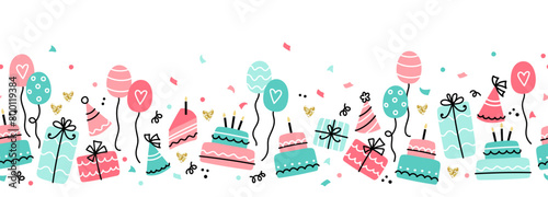 Fun hand drawn party seamless background with cakes, gift boxes, balloons and party decoration. Great for birthday parties, textiles, banners, wallpapers, wrapping - vector design © TALVA