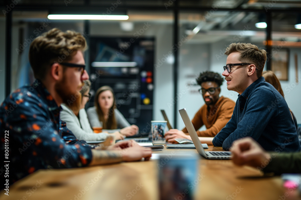 The business team was having an office meeting, discussing ideas and planning projects in the modern company conference room.