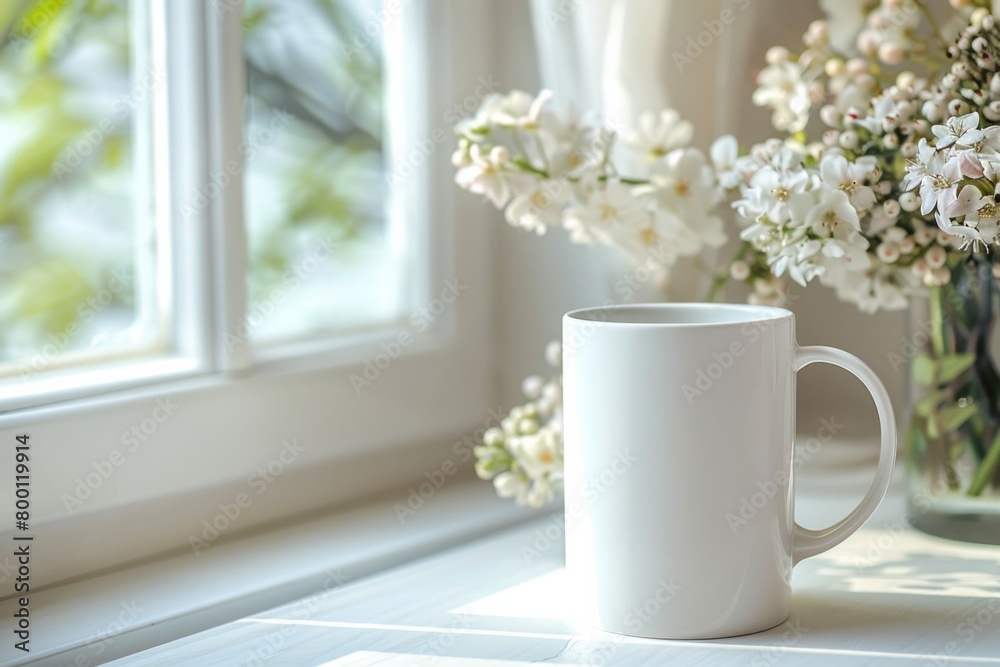 White Blank Mug Mockup in Photographic Scene created with Generative AI White Blank Mug Mockup in Photographic Scene created with Generative AI