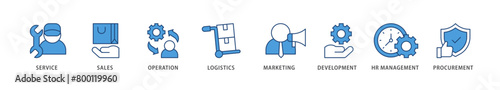 Value chain icons set collection illustration of service, sales, operation, logistics, marketing, development, hr management, procurement icon live stroke and easy to edit 