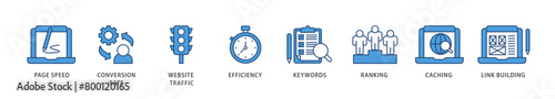 Website optimization icons set collection illustration of page speed, conversion rate, website traffic, efficiency, keywords, ranking, caching  icon live stroke and easy to edit 