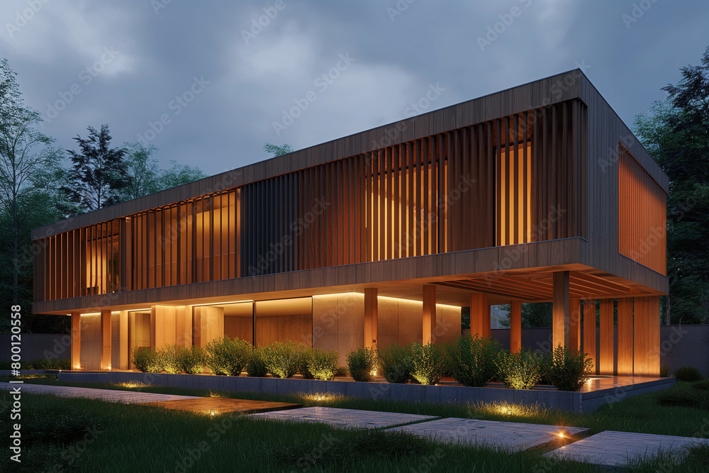 Modern house with wooden cladding and concrete walls, illuminated at night by lights, set against the backdrop of green trees and grass in front of it