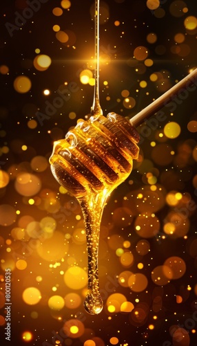 Artisanal sweetness golden honey dripping from dipper onto glistening comb with copy space banner