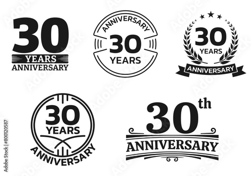30 years icon or logo set. 30th anniversary celebrating sign or stamp. Jubilee, birthday celebration design element. Vector illustration.
