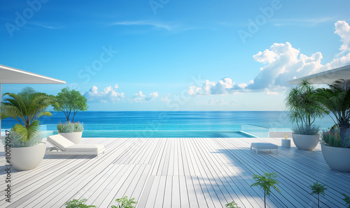 A bright and airy beachside rooftop terrace with white wooden flooring  overlooking the ocean under clear blue skies
