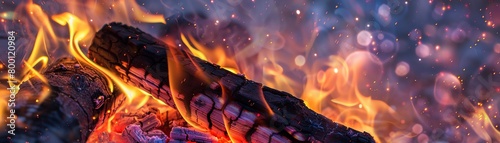 A close-up of a bright, crackling bonfire with sparks. photo
