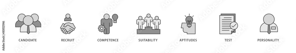 Assessment icons set collection illustration of user candidate, recruit, competence, suitability, aptitudes, test and personality icon live stroke and easy to edit 