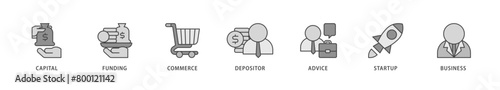 Angel investor icons set collection illustration of capital, funding, commerce, depositor, advice, startup and business icon live stroke and easy to edit 
