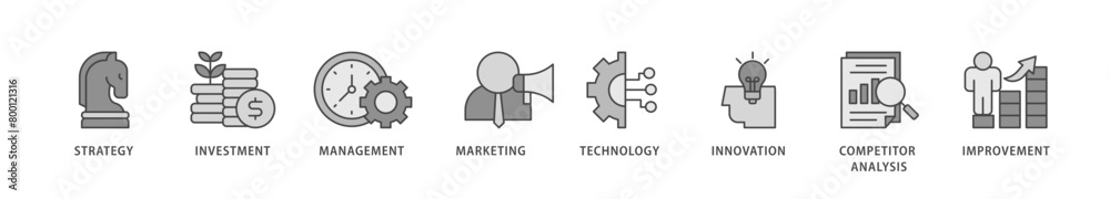 Business development icons set collection illustration of strategy, investment, management, marketing, technology, innovation icon live stroke and easy to edit Business development icons set collection illustration of strategy, investment, management, marketing, technology, innovation icon live stroke and easy to edit