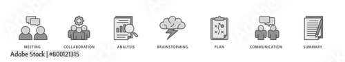 Brief icons set collection illustration of meeting, collaboration, analysis, brainstorming, plan, communication, and summary icon live stroke and easy to edit 