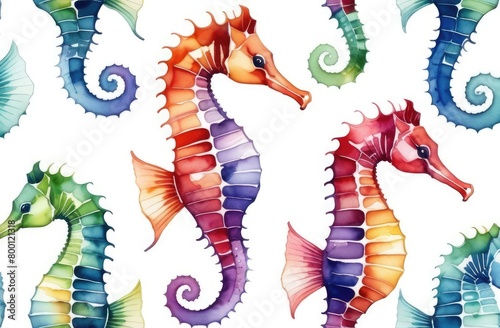 seahorses on white background, detailed watercolor hand-drawn pattern illustration. ocean wildlife. photo