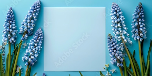 A white blank card depicting encircling an array of muscari blossoms in bloom for springtime set over a pale blue setting and space, Generative AI.