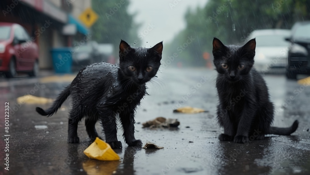 black kitten wet from the rain in the middle of the road with a lot of trash on the ground. black kitten wet from the rain in the middle of the road with a lot of trash on the ground.