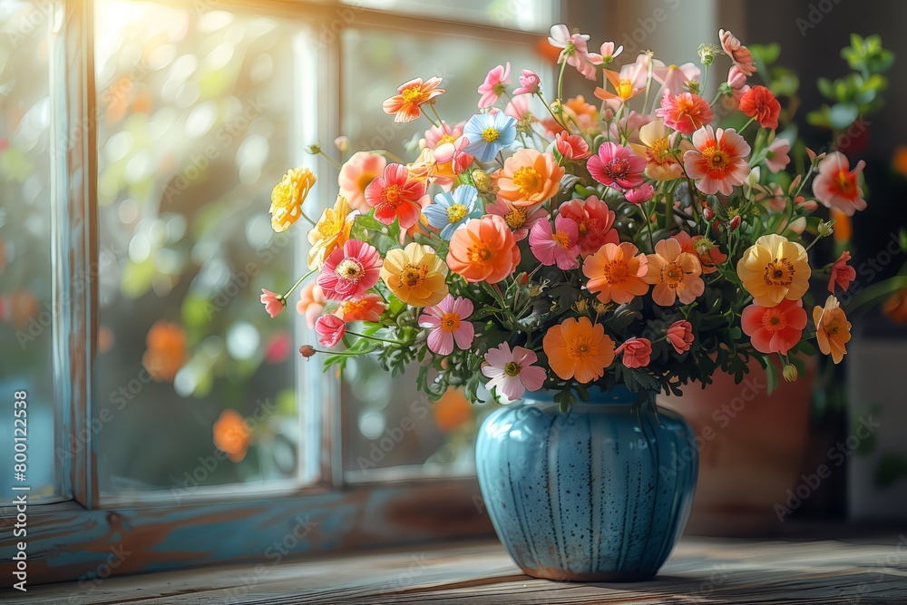 Colorful flowers in blue vase by sunny window Colorful flowers in blue vase by sunny window