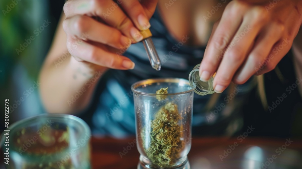 Obraz premium Hands working on dried cannabis buds on table for entertainment usage