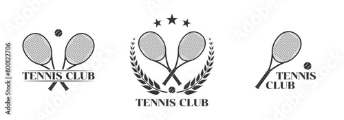 Tennis club logo, icon or badge set with crossed rackets and tennis ball. Sport symbol design. Vector illustration.