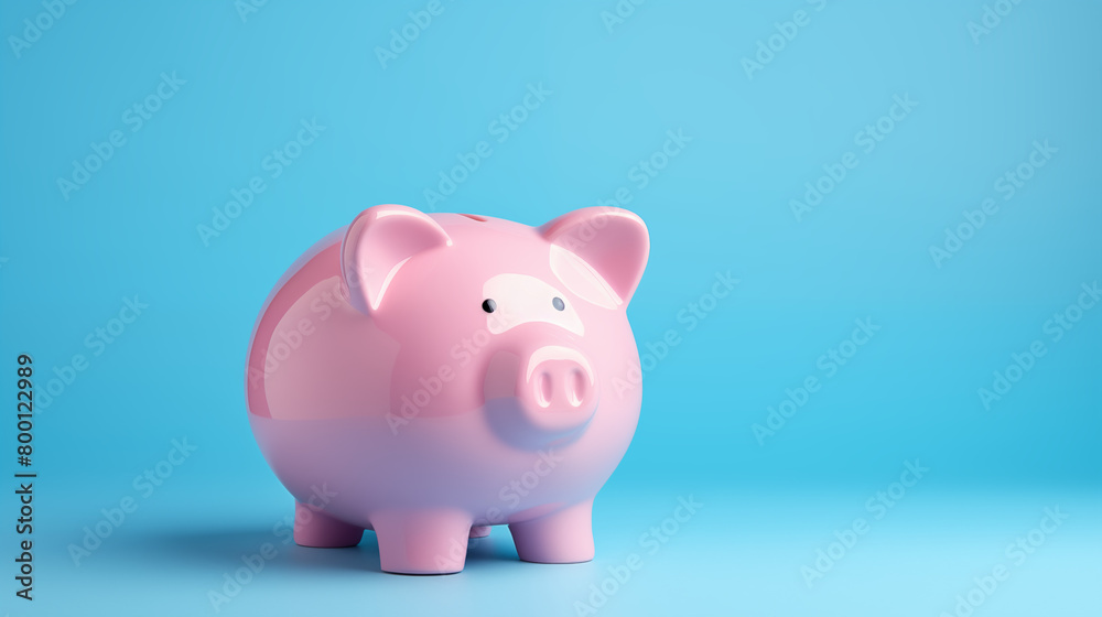 Pink pig piggy bank, isolated on a blue background 