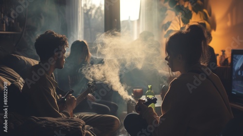 A group of young people smoke cannabis together with smoke in a indoor party photo