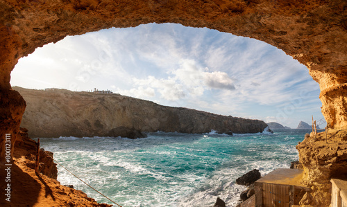 Panoramic view of Sa Figuera cave near cala Comte beach, Sant Josep de Sa Talaia, Ibiza, Balearic Islands, Spain photo