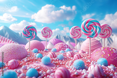 3D render of a colorful candy land with lollipops, candies and pastel colored hills in the background. The sky is blue with white clouds