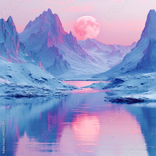 Beautiful pastel colored desert with mountains and a lake, a pink sky, aesthetic, dreamy, surrealism, digital art, minimalistic in the style of various artists.