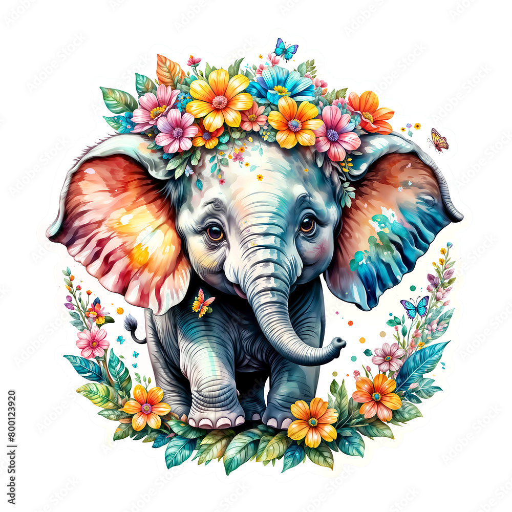 Obraz premium Elephant Sticker Colorful Elephant Bliss A Bouquet of Joy Surrounds the Cartoon Elephant Sticker on Transparent Background, Adorned with Vibrant Flowers and Rainbow Butterflies - Generative AI 