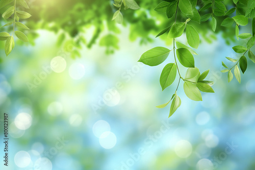 Spring background with blurred green leaves and bokeh light effect  representing a spring nature concept