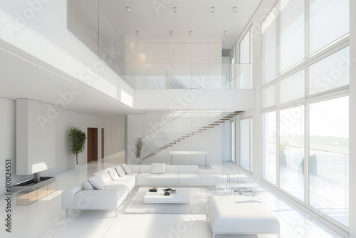 Modern white living room interior with a double height ceiling and glass balcony