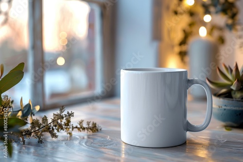 White Blank Mug Mockup in Photographic Scene created with Generative AI