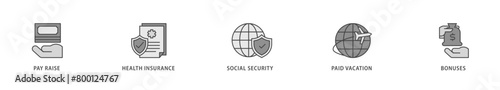 Employee benefits icons set collection illustration of pay raise, health insurance, social security, paid vacation and bonuses icon live stroke and easy to edit 