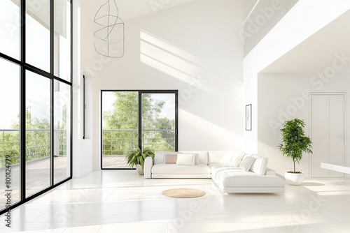 Modern white living room interior with a double height ceiling and glass balcony