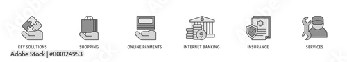 Financial service icons set collection illustration of key solutions, shopping, online payments, internet banking, insurance and services icon live stroke and easy to edit 