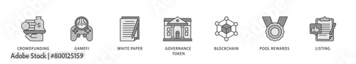IGO icons set collection illustration of crowdfunding, gamefi, white paper, governance token, blockchain, pool rewards and listing icon live stroke and easy to edit 