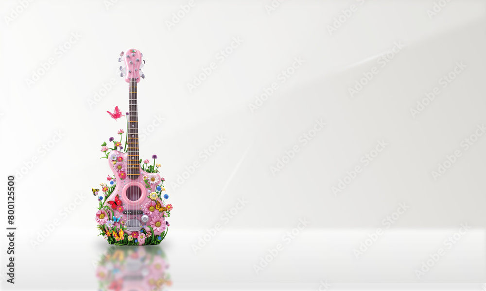 Obraz premium 3d cartoon Pink guitar bass in flower garden and butterflies,copy space background 