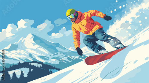Male snowboarder on slope at winter resort Vector illustration